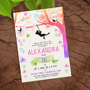 Girly Pink Zipline Adrenaline Adventure Watercolor Invitation