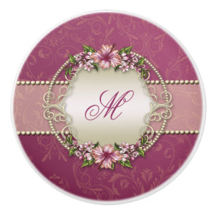 Girly Plum Floral and Damask Monogram Ceramic Knob