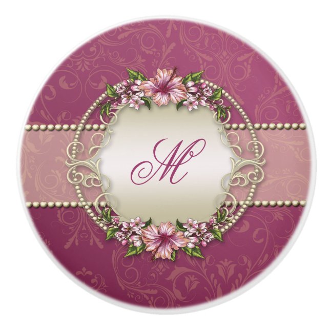 Girly Plum Floral and Damask Monogram Ceramic Knob (Front)