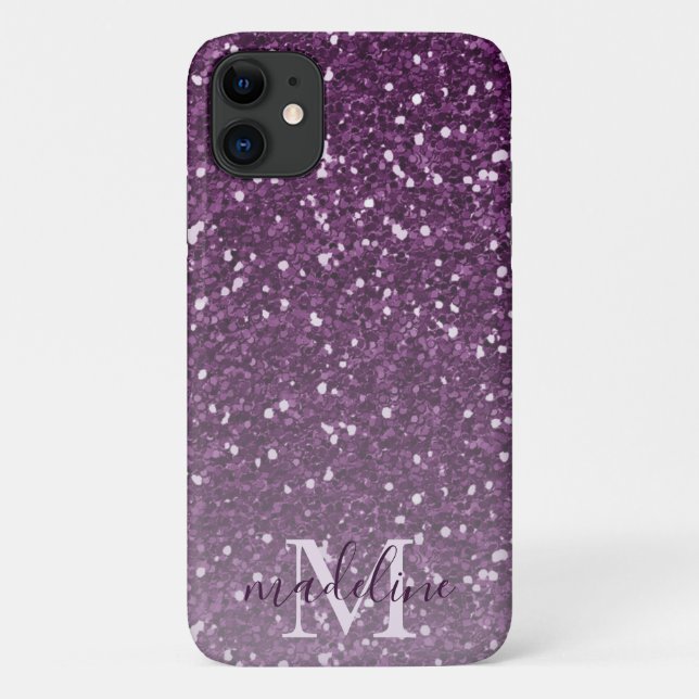 Girly Plum Glitter Monogrammed Name iPhone 11 Case-Mate iPhone Case (Back)