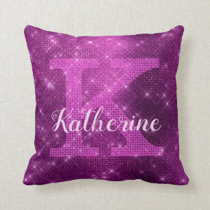 Girly Plum Purple Chic Glam Sparkle Monogram Name Cushion