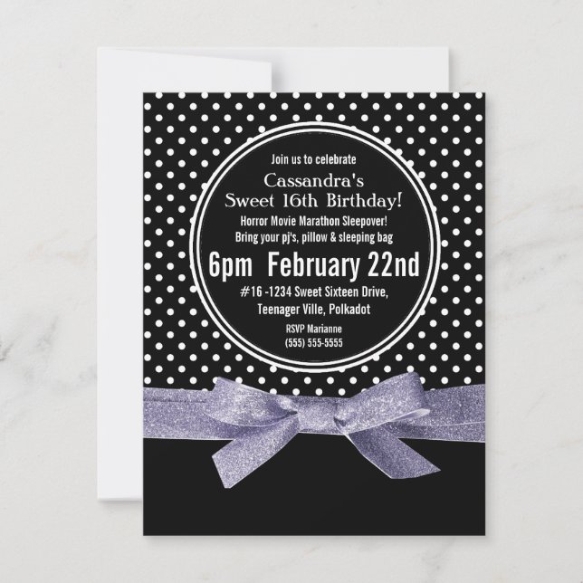 Girly Polka Dots Sweet 16 Purple Ribbon Invitation (Front)