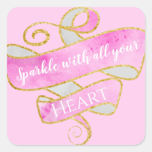 Girly Pretty Blush Pink Gold Glitter Sparkle Heart Square Sticker