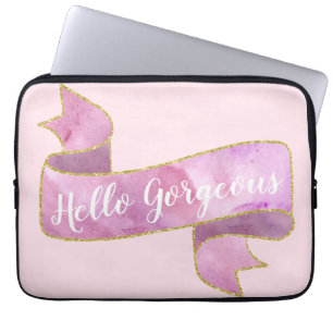 Girly Pretty Blush Pink Hello Gorgeous Gold Ribbon Laptop Sleeve