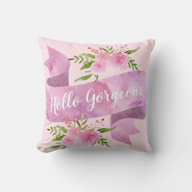 Girly Pretty Chic Floral Blush Pink Hello Gorgeous Cushion (Front)