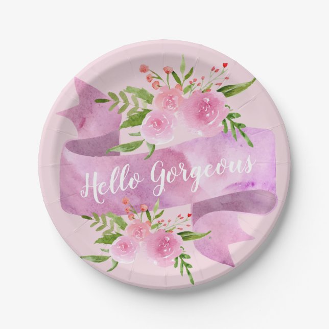 Girly Pretty Chic Floral Blush Pink Hello Gorgeous Paper Plate (Front)