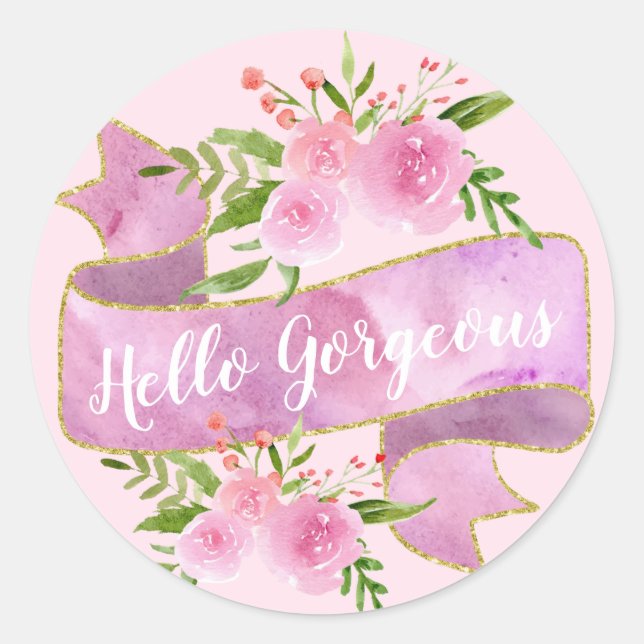 Girly Pretty Floral Blush Pink Hello Gorgeous Gold Classic Round Sticker (Front)