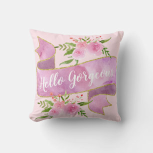 Girly Pretty Floral Blush Pink Hello Gorgeous Gold Cushion