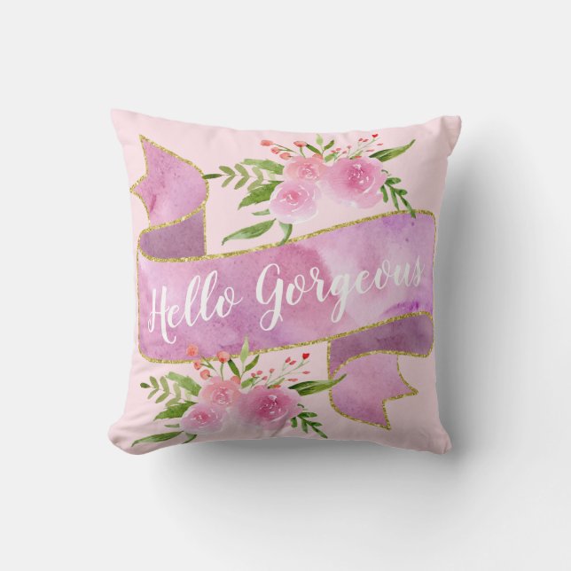 Girly Pretty Floral Blush Pink Hello Gorgeous Gold Cushion (Front)