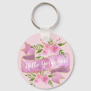 Girly Pretty Floral Blush Pink Hello Gorgeous Gold Key Ring