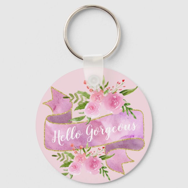Girly Pretty Floral Blush Pink Hello Gorgeous Gold Key Ring (Front)