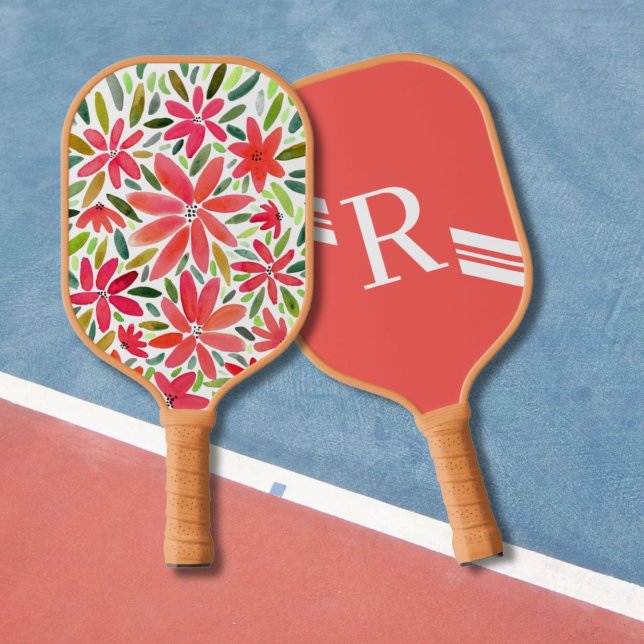 Girly Pretty Monogram Initial Red Florals  Pickleball Paddle (Creator Uploaded)