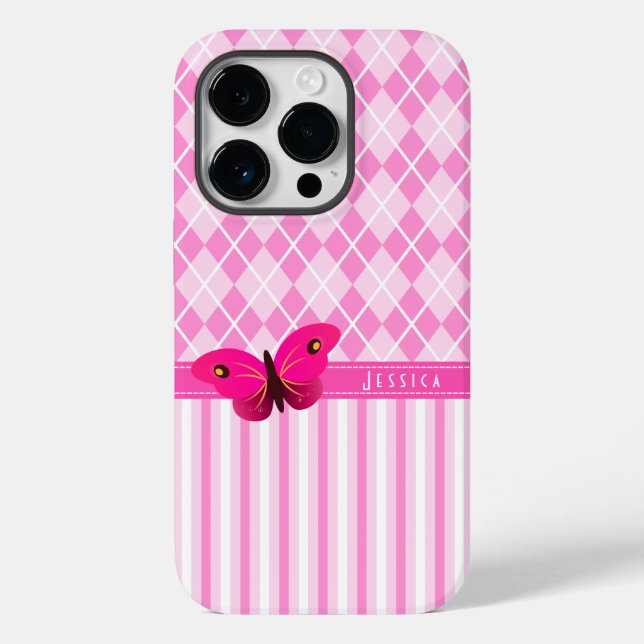 Girly Pretty Pink Argyle and Stripes Butterfly Case-Mate iPhone Case (Back)