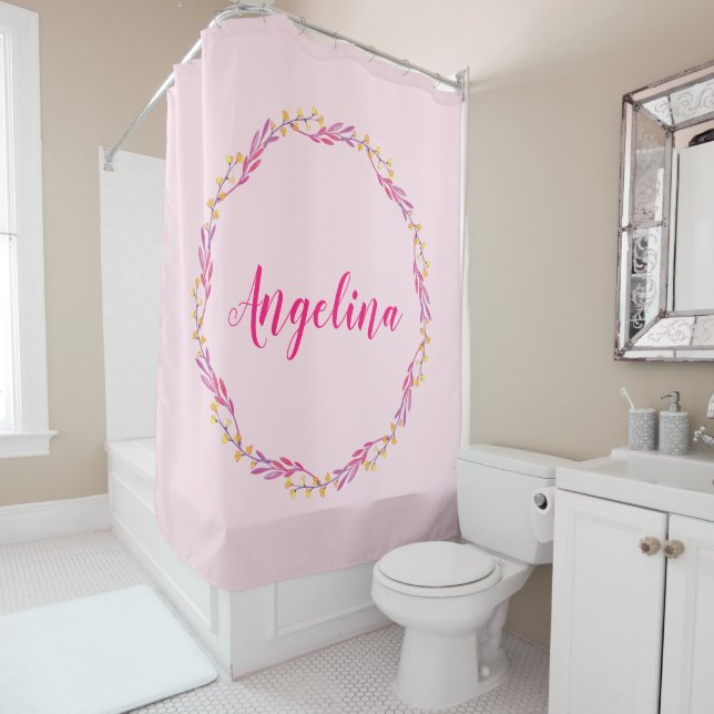 Girly Pretty Pink Floral Wreath Personalised Name Shower Curtain (In Situ)