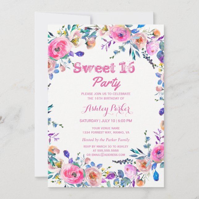 Girly Pretty Tropical Pink Flower Sweet 16 Invite (Front)