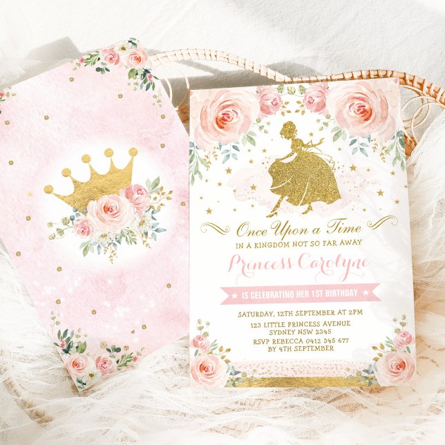 Girly Princess Blush Pink Gold Floral Birthday Invitation (Creator Uploaded)