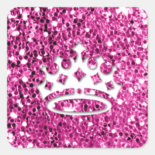 Girly Princess Crown on Pink Glitter Look Square Sticker
