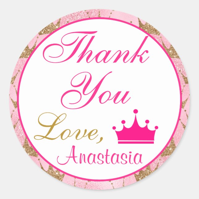 Girly Princess Hot Pink and Gold Glitter Thank You Classic Round Sticker (Front)