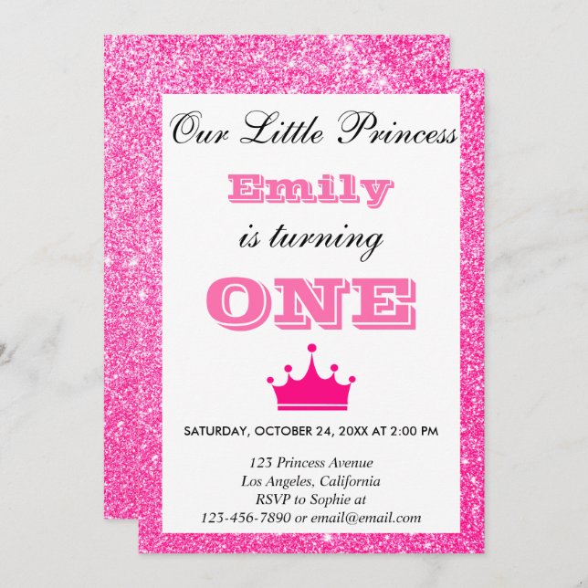 Girly Princess Hot Pink Glitter First Birthday One Invitation (Front/Back)
