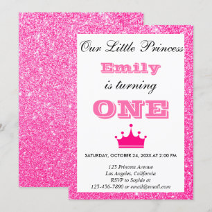 Girly Princess Hot Pink Glitter First Birthday One Invitation