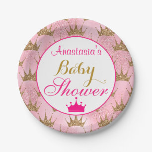 Girly Princess Hot Pink & Gold Glitter Baby Shower Paper Plate