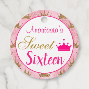 Girly Princess Hot Pink Gold Glitter Sweet Sixteen Favour Tags