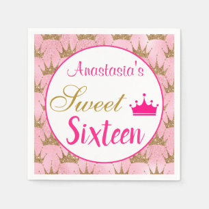 Girly Princess Hot Pink Gold Glitter Sweet Sixteen Napkin