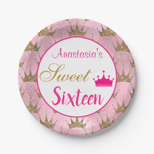 Girly Princess Hot Pink Gold Glitter Sweet Sixteen Paper Plate (Front)