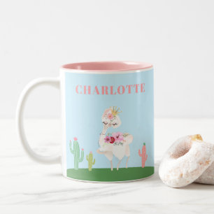 Girly Princess Llama Floral Cactus Two-Tone Coffee Mug