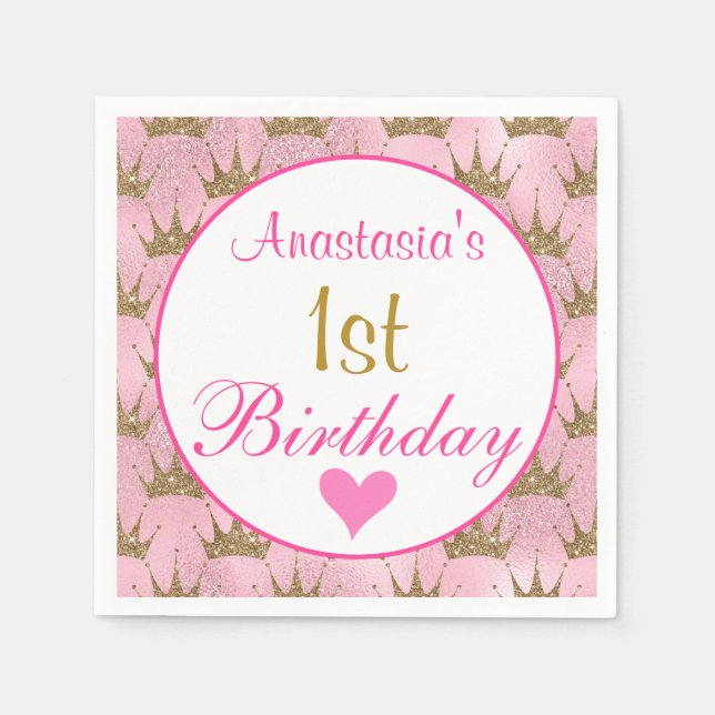 Girly Princess Pink and Gold Glitter 1st Birthday Napkin (Front)