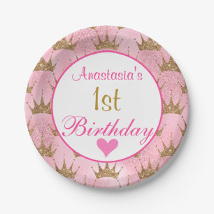 Girly Princess Pink and Gold Glitter 1st Birthday Paper Plate