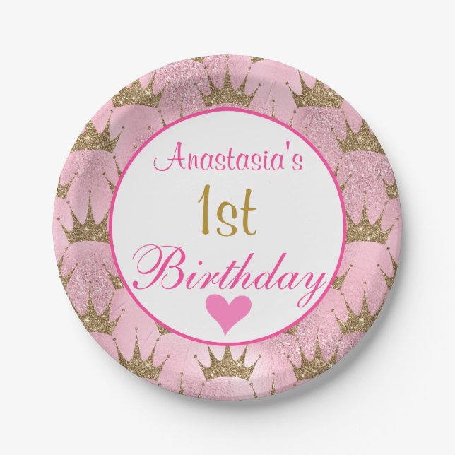Girly Princess Pink and Gold Glitter 1st Birthday Paper Plate (Front)