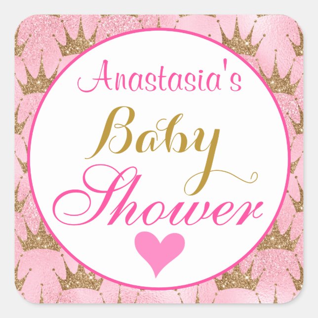 Girly Princess Pink and Gold Glitter Baby Shower Square Sticker (Front)