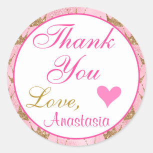 Girly Princess Pink and Gold Glitter Thank You Classic Round Sticker