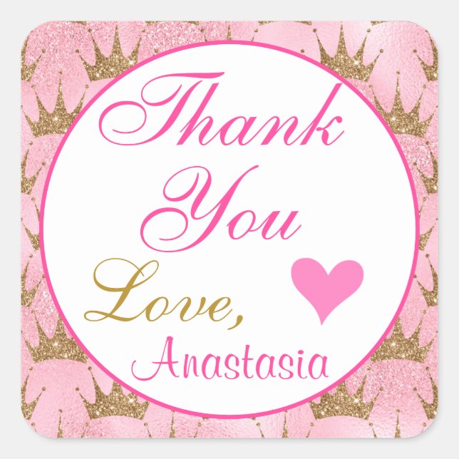 Girly Princess Pink and Gold Glitter Thank You Square Sticker (Front)