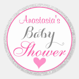 Girly Princess Pink and Silver Glitter Baby Shower Classic Round Sticker