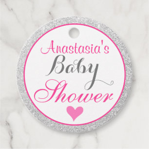 Girly Princess Pink and Silver Glitter Baby Shower Favour Tags