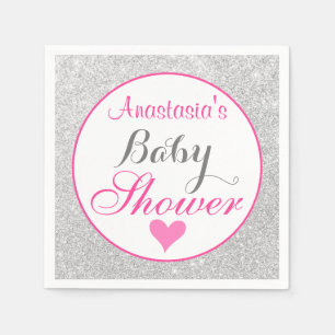 Girly Princess Pink and Silver Glitter Baby Shower Napkin