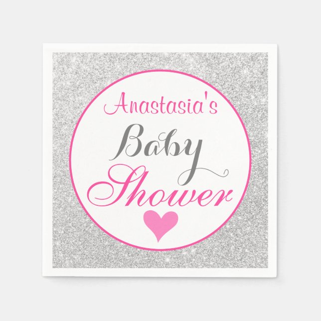 Girly Princess Pink and Silver Glitter Baby Shower Napkin (Front)