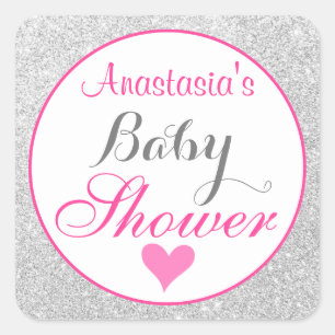 Girly Princess Pink and Silver Glitter Baby Shower Square Sticker