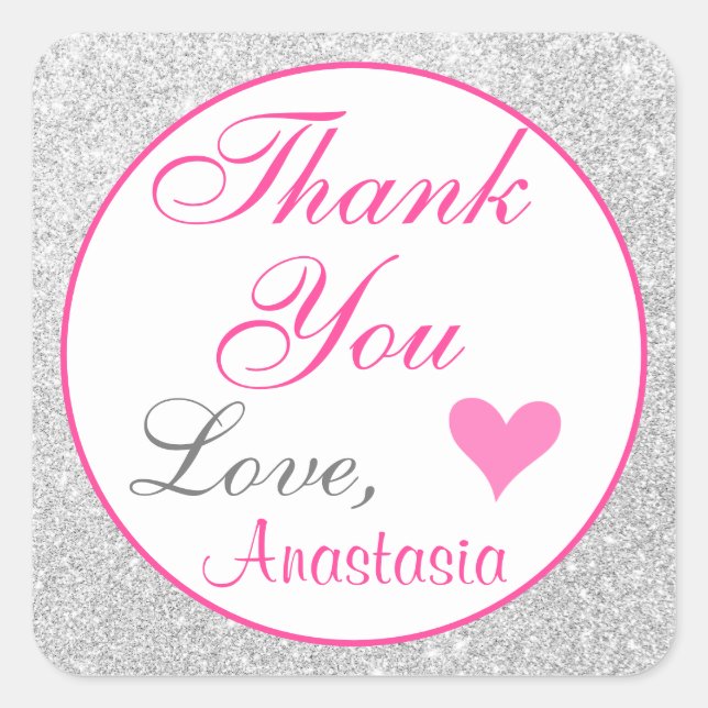 Girly Princess Pink and Silver Glitter Thank You Square Sticker (Front)