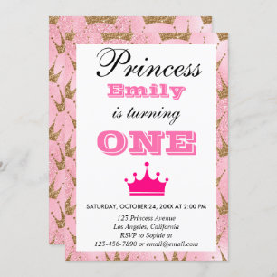 Girly Princess Pink & Gold Glitter First Birthday Invitation