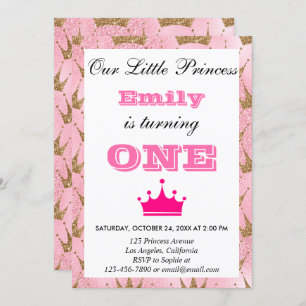 Girly Princess Pink & Gold Glitter First Birthday Invitation
