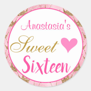 Girly Princess Pink Gold Glitter Sweet Sixteen 16 Classic Round Sticker