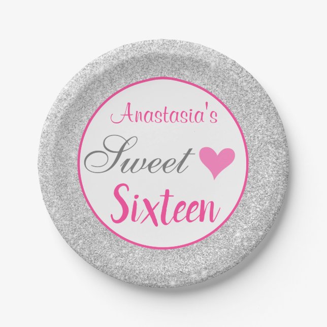 Girly Princess Pink & Silver Glitter Sweet Sixteen Paper Plate (Front)