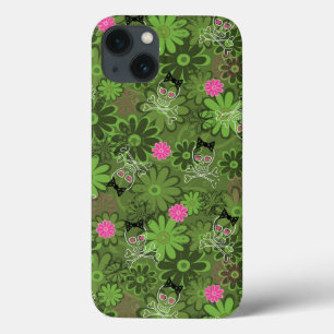 Girly Punk Skulls on Flower Camo background iPhone 13 Case