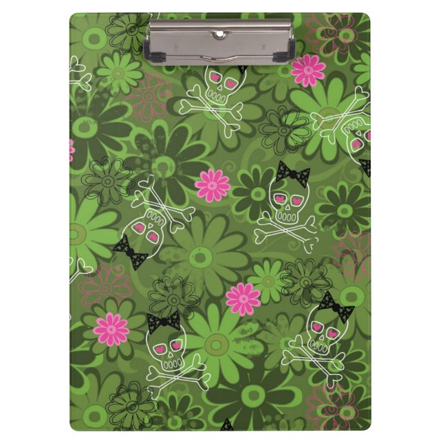 Girly Punk Skulls on Flower Camo background Clipboard (Front)