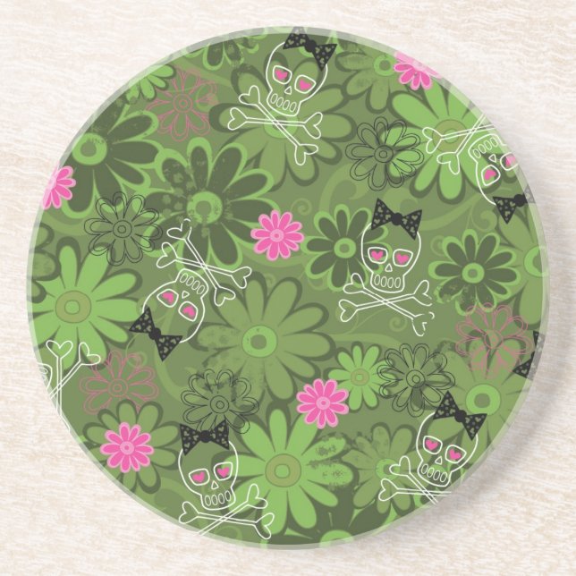 Girly Punk Skulls on Flower Camo background Coaster (Front)
