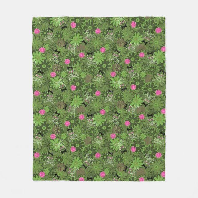 Girly Punk Skulls on Flower Camo background Fleece Blanket (Front)