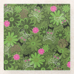 Girly Punk Skulls on Flower Camo background Glass Coaster